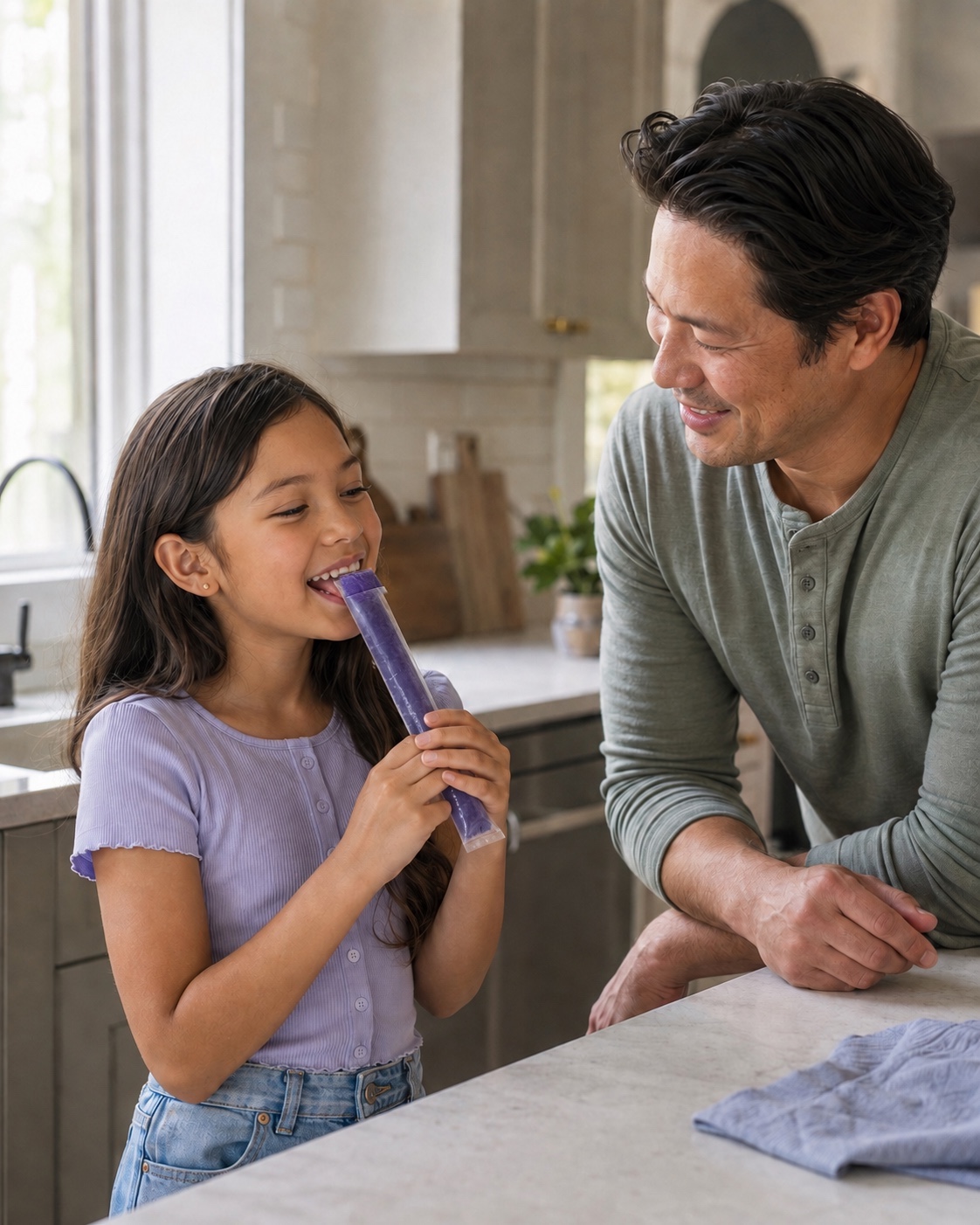 A child enjoying an open Calm Pop freezer pop at home