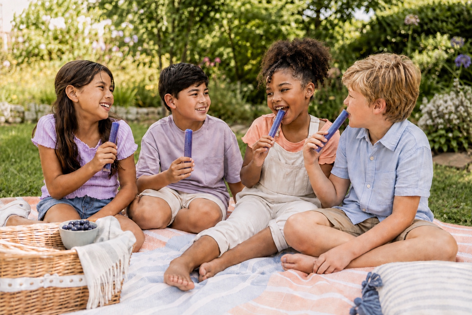 Children enjoying open Calm Pop freezer pops outdoors